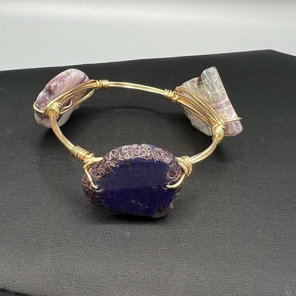 Gemstone Wire Wrap Gold-Tone Bangle Bracelet - Picture 3 of 4